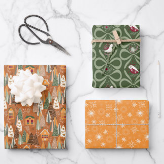 Hoja De Papel De Regalo Green Brown Orange Christmas Forest Village