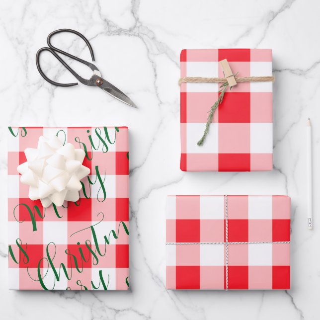 Hoja De Papel De Regalo Green Christmas Red Check  (Anverso)