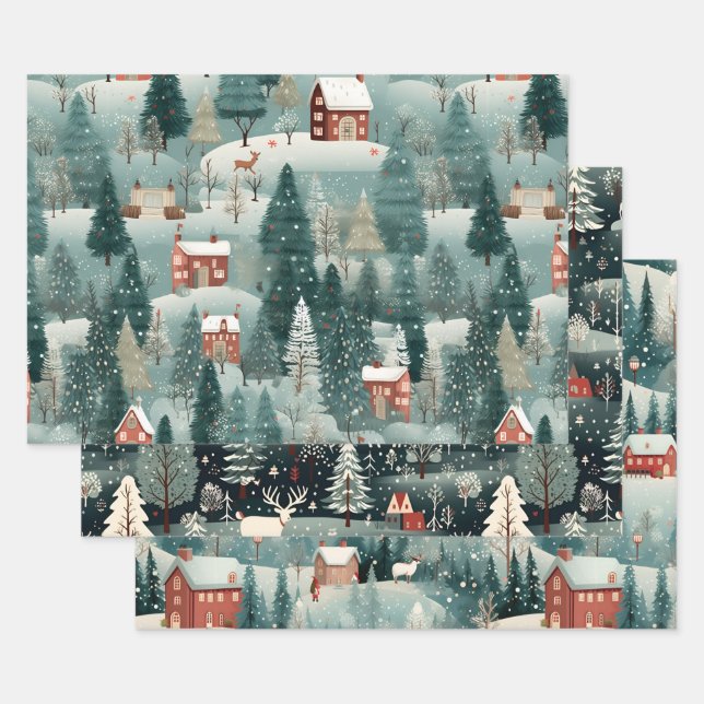 Hoja De Papel De Regalo Green Forest Winter Village (Set)