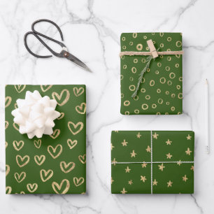 Hoja De Papel De Regalo Green Gold Hearts Stars Circles Random