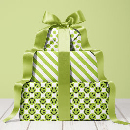 Hoja De Papel De Regalo Green Happy Face Stripes and Polka Dot
