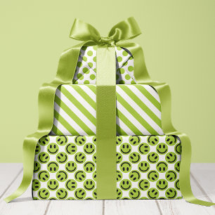 Hoja De Papel De Regalo Green Happy Face Stripes and Polka Dot