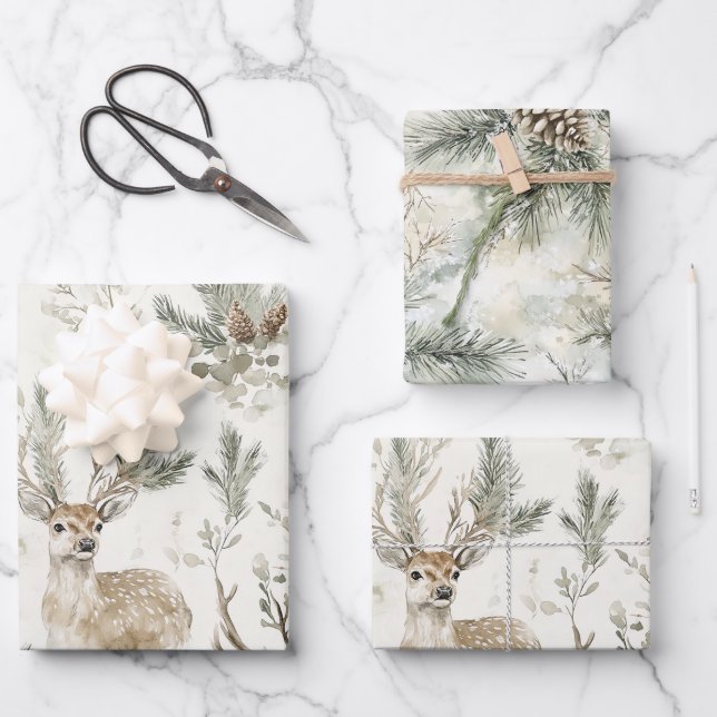 Hoja De Papel De Regalo Green Pine Cones Deer Christmas (Anverso)