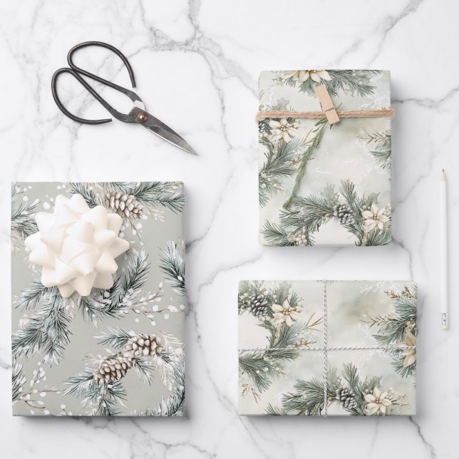 Hoja De Papel De Regalo Green Pine Cones Wreaths Christmas (Anverso)