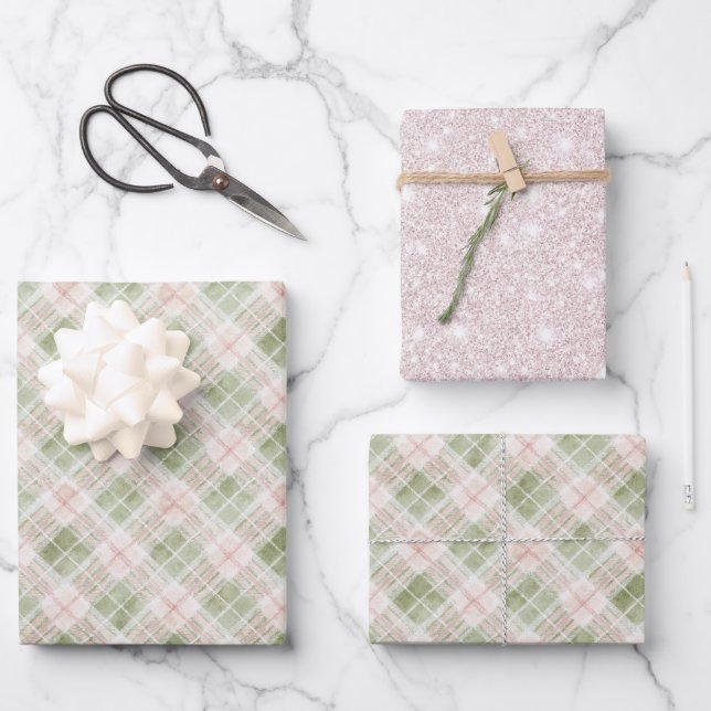 Hoja De Papel De Regalo Green Pink Plaid Stripes Birthday (Anverso)