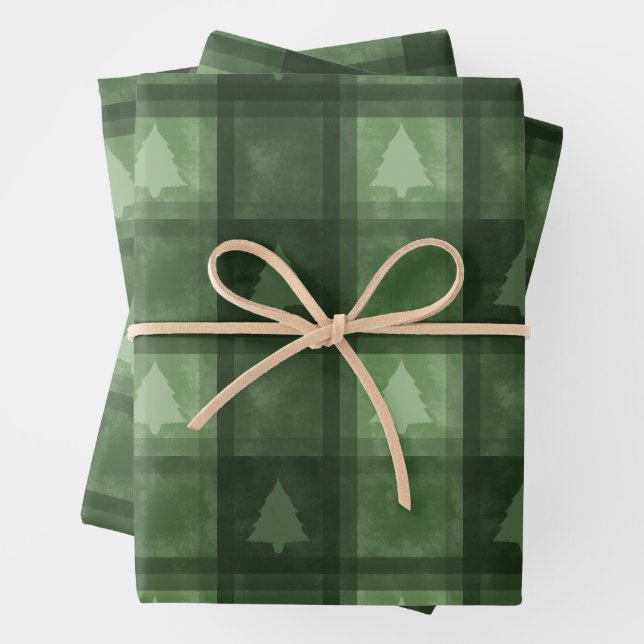Hoja De Papel De Regalo Green Plaid With Fir Tree Motifs Christmas Pattern (In situ)