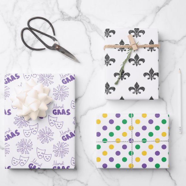 HOJA DE PAPEL DE REGALO GREEN PURPLE YELLOW MARDI GRAS THEMES (Anverso)