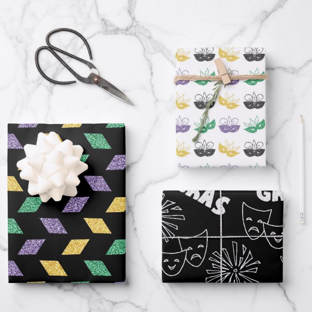 HOJA DE PAPEL DE REGALO GREEN PURPLE YELLOW MARDI GRAS THEMES (Anverso)