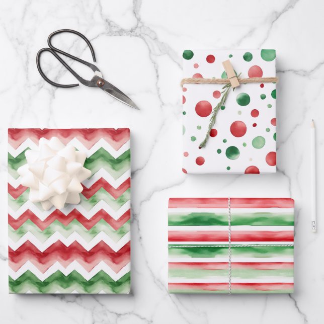 Hoja De Papel De Regalo Green Red Merry Christmas Stripes (Anverso)
