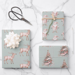 Hoja De Papel De Regalo Green Rubor Pink Deer Christmas Trees Santa