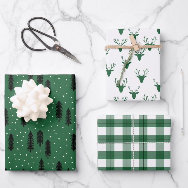 Hoja De Papel De Regalo Green Rustic Holiday Patterns Bosques plantados (Anverso)