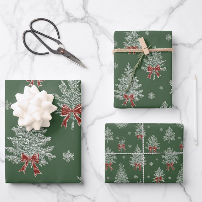 Hoja De Papel De Regalo Green Toile Christmas Tree Pattern (Anverso)
