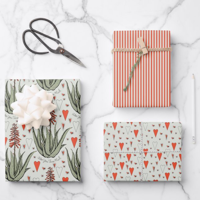 Hoja De Papel De Regalo Green Valentines Aloe Succulents Stripes Hearts (Anverso)