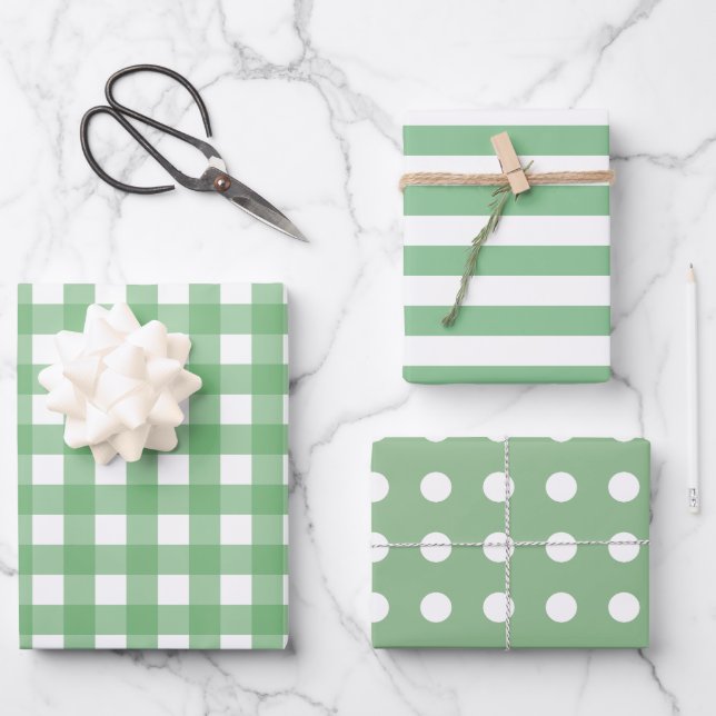 Hoja De Papel De Regalo Green White Gingham Dots Striped Mating (Anverso)