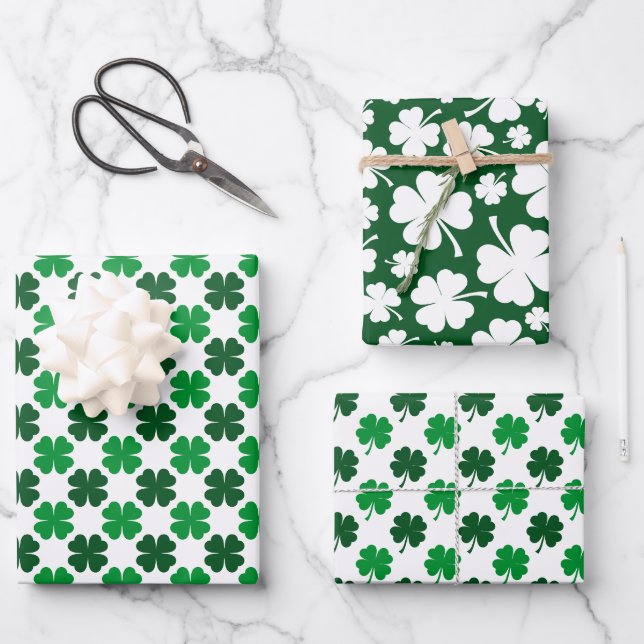 HOJA DE PAPEL DE REGALO GREEN & WHITE IRISH CELTIC SHAMROCKS & PATTERNS (Anverso)