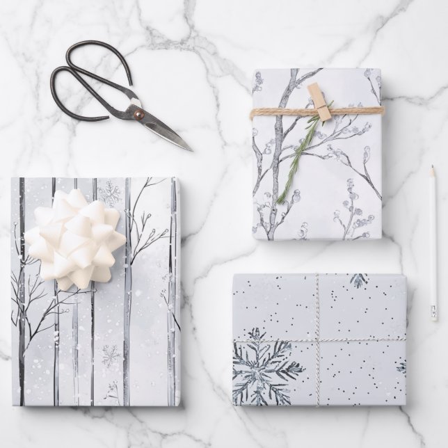 Hoja De Papel De Regalo Grey Silver Snowflake Trees Christmas (Anverso)