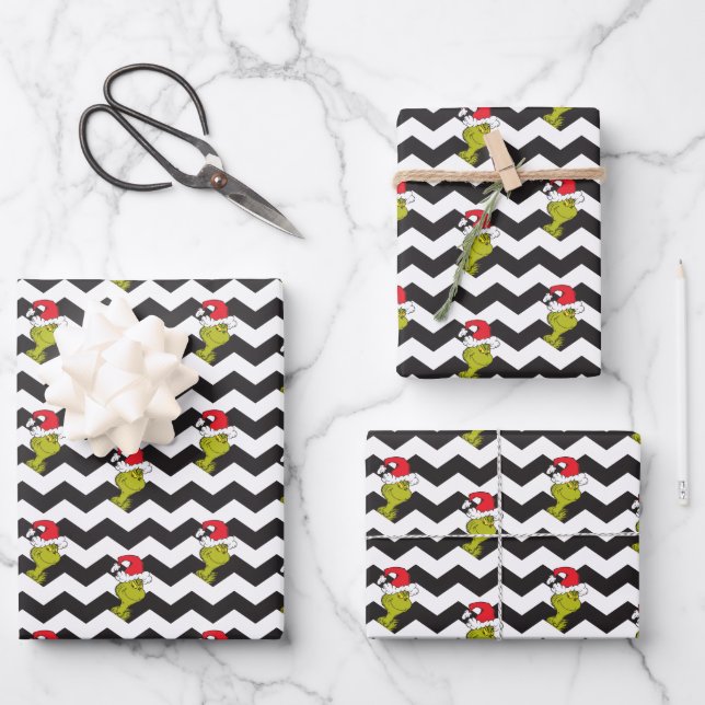Hoja De Papel De Regalo Grinch | Black & White Holiday Chevron Pattern (Anverso)