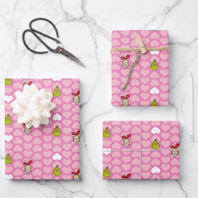 Hoja De Papel De Regalo Grinch & Cindy-Lou Pink Heart Pattern (Anverso)