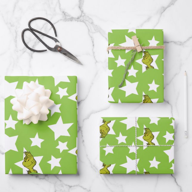 Hoja De Papel De Regalo Grinch Peeking Star Pattern (Anverso)