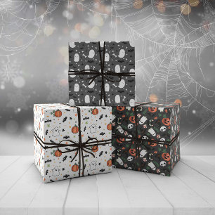 Hoja De Papel De Regalo Gris Mezclados Patrones de Halloween Calabazas fan