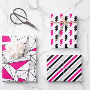 Hoja De Papel De Regalo Gris Rosa Geometría Destellos Rayas