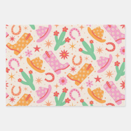 Hoja De Papel De Regalo Groovy Cowgirl Boots y patrón de Gorras con Cactus