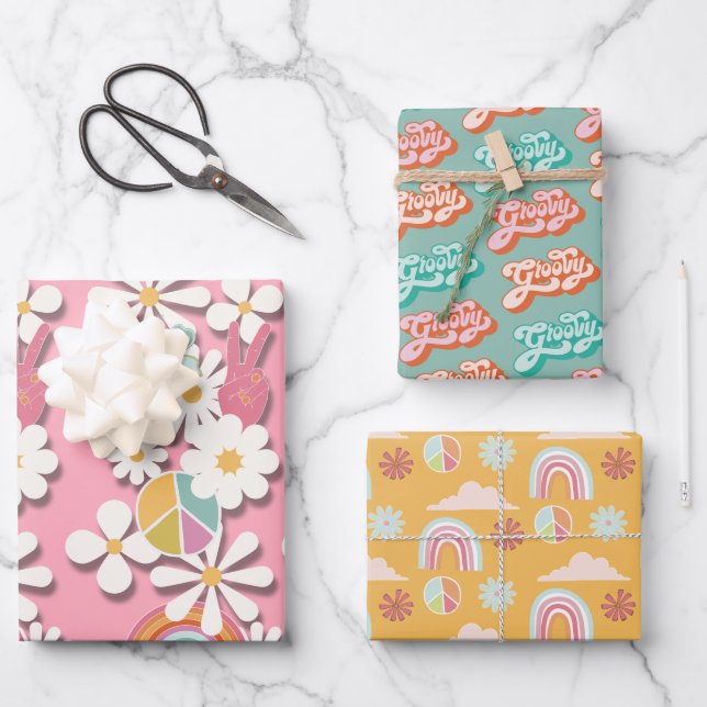 Hoja De Papel De Regalo Groovy Hippie Birthday Party (Anverso)