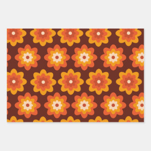 Hoja De Papel De Regalo Groovy retro 70 patrón de flor boho hippie naranja