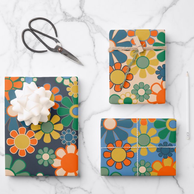 Hoja De Papel De Regalo Groovy Retro Floral 60's 70 Patrones estéticos (Anverso)