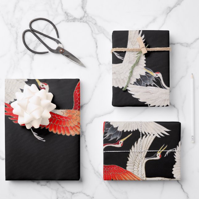 Hoja De Papel De Regalo Grullas voladoras: Arte japonés de kimono con aves (Anverso)