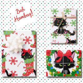 Hoja De Papel De Regalo Grumpy gato negro Bah Humbug rojo y verde 3