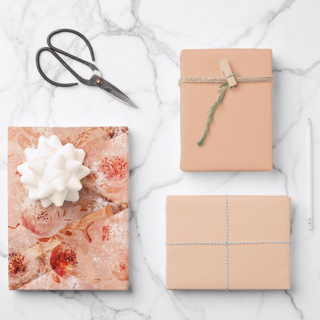 Hoja De Papel De Regalo Grunge patrón floral. Fondo coral. (Anverso)