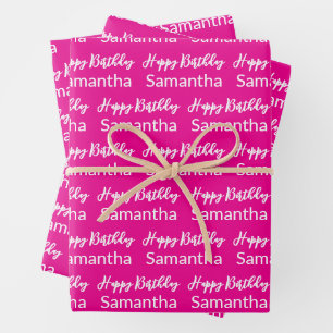 Hoja De Papel De Regalo Guión de Feliz Cumpleaños Rosa Caliente y Nombre B