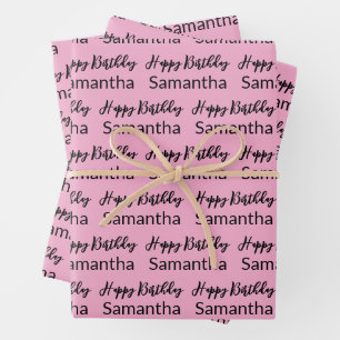Hoja De Papel De Regalo Guión de Feliz Cumpleaños Rosa Pálido y Negro Nomb