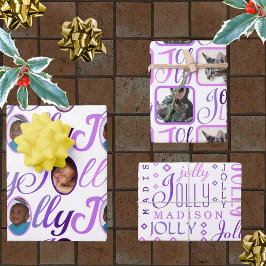 Hoja De Papel De Regalo Guión JOLLY Purple On White 4 Photo Navidad Wra