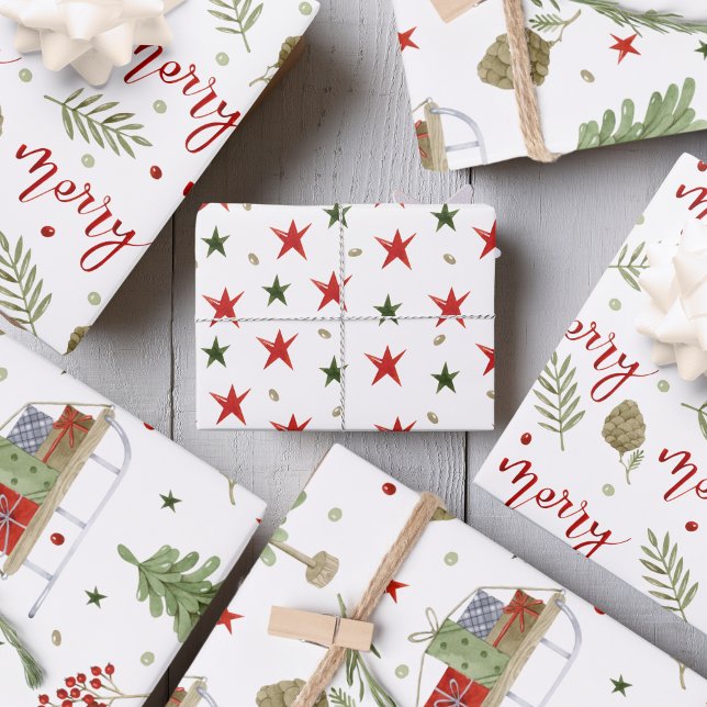 Hoja De Papel De Regalo Guión "Merry", escenas acogedoras de Sleigh, estre ("Merry" script, Cozy Sleigh Scenes, Stars Wrapping Paper Sheets)