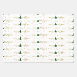 Hoja De Papel De Regalo Guión moderno Feliz Árbol de Navidad Oro Verde