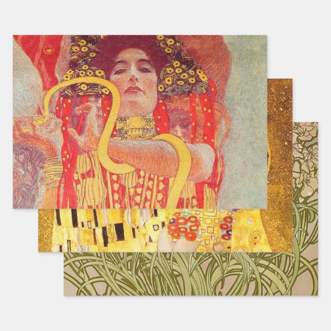 Hoja De Papel De Regalo Gustav Klimt Red Woman Gold Snake Pintura (Set)