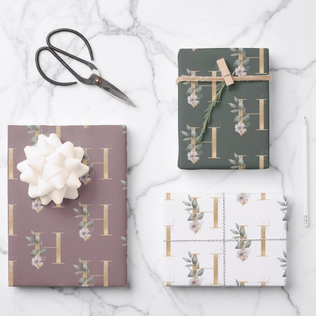 Hoja De Papel De Regalo H Monograma Floral (Anverso)