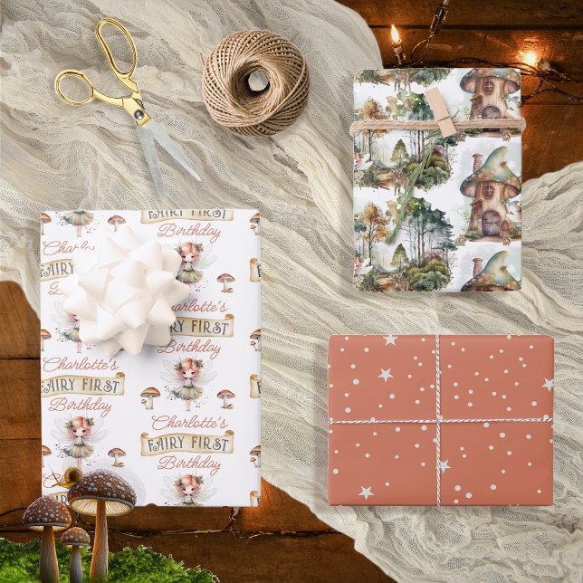 Hoja De Papel De Regalo Hadas Primeros Animales Woodland hongos Primer cum (Fairy First Woodland Animals Mushrooms Girl's 1st Birthday Wrapping Paper Trio)