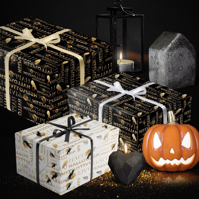 Hoja De Papel De Regalo Halloween Adulto Moderno Blanco Negro Y Moda Oro (Halloween wrapping paper, spooky Halloween wrapping paper black and gold)