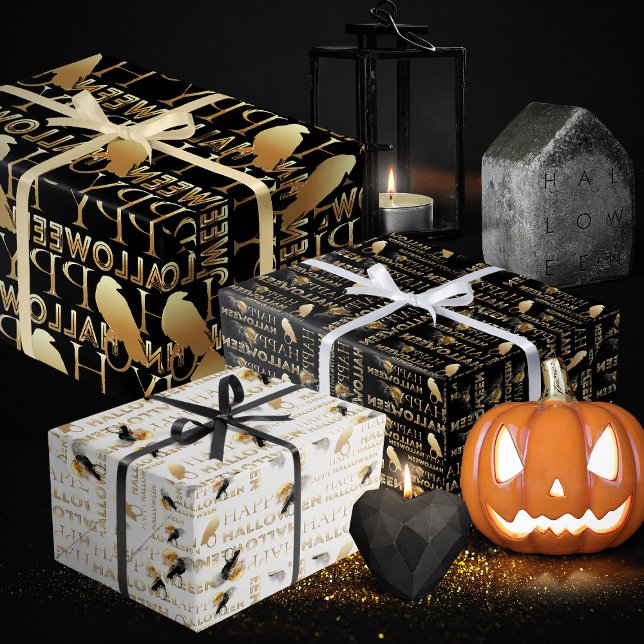 Hoja De Papel De Regalo Halloween Adulto Moderno Blanco Negro Y Moda Oro (Halloween wrapping paper, spooky wrapping paper black and gold)