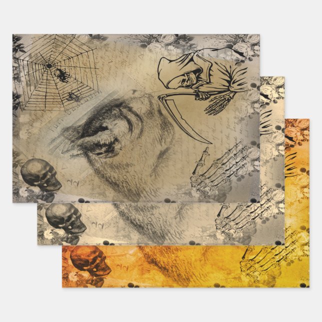 Hoja De Papel De Regalo Halloween Black Cat, Death and Spider Ephemera (Set)