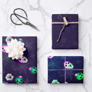 Hoja De Papel De Regalo Halloween: Calaveras brillantes rosas y verdes