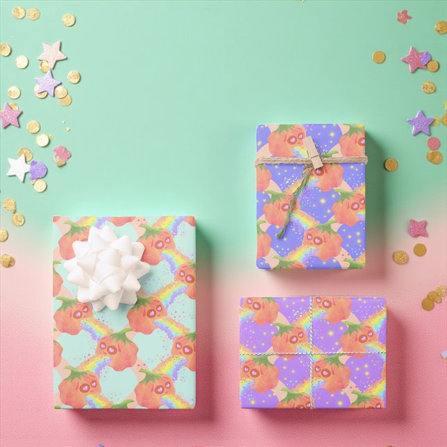 Hoja De Papel De Regalo Halloween de calabaza de arcoiris (Whimsical rainbow-spewing pumpkin gift wrap in pastel and purple for quirky celebrations.)