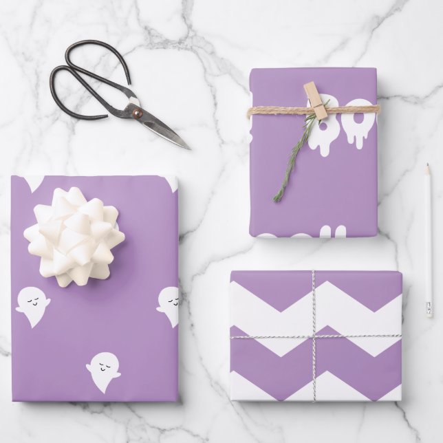Hoja De Papel De Regalo Halloween de moda Cute Pastel Morado Boo Fantasma  (Anverso)