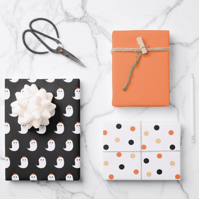 Hoja De Papel De Regalo Halloween Fantasma negro y Naranja envolviendo Pa (Anverso)