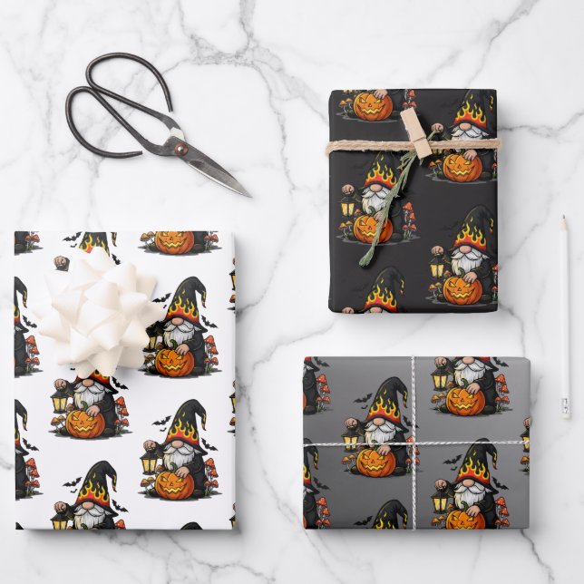 Hoja De Papel De Regalo Halloween Gnome Wrapping Paper Flat Sheet Set of 3 (Anverso)
