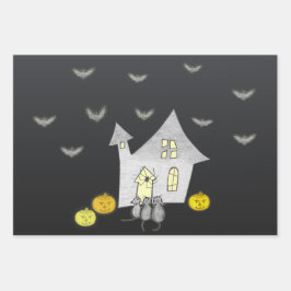 Hoja De Papel De Regalo Halloween House, gatos negros, murciélagos, calaba