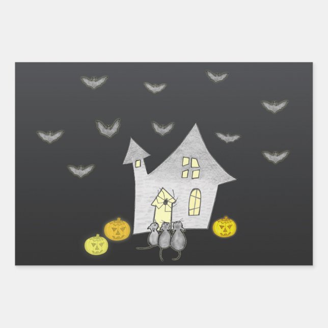 Hoja De Papel De Regalo Halloween House, gatos negros, murciélagos, calaba (Anverso)